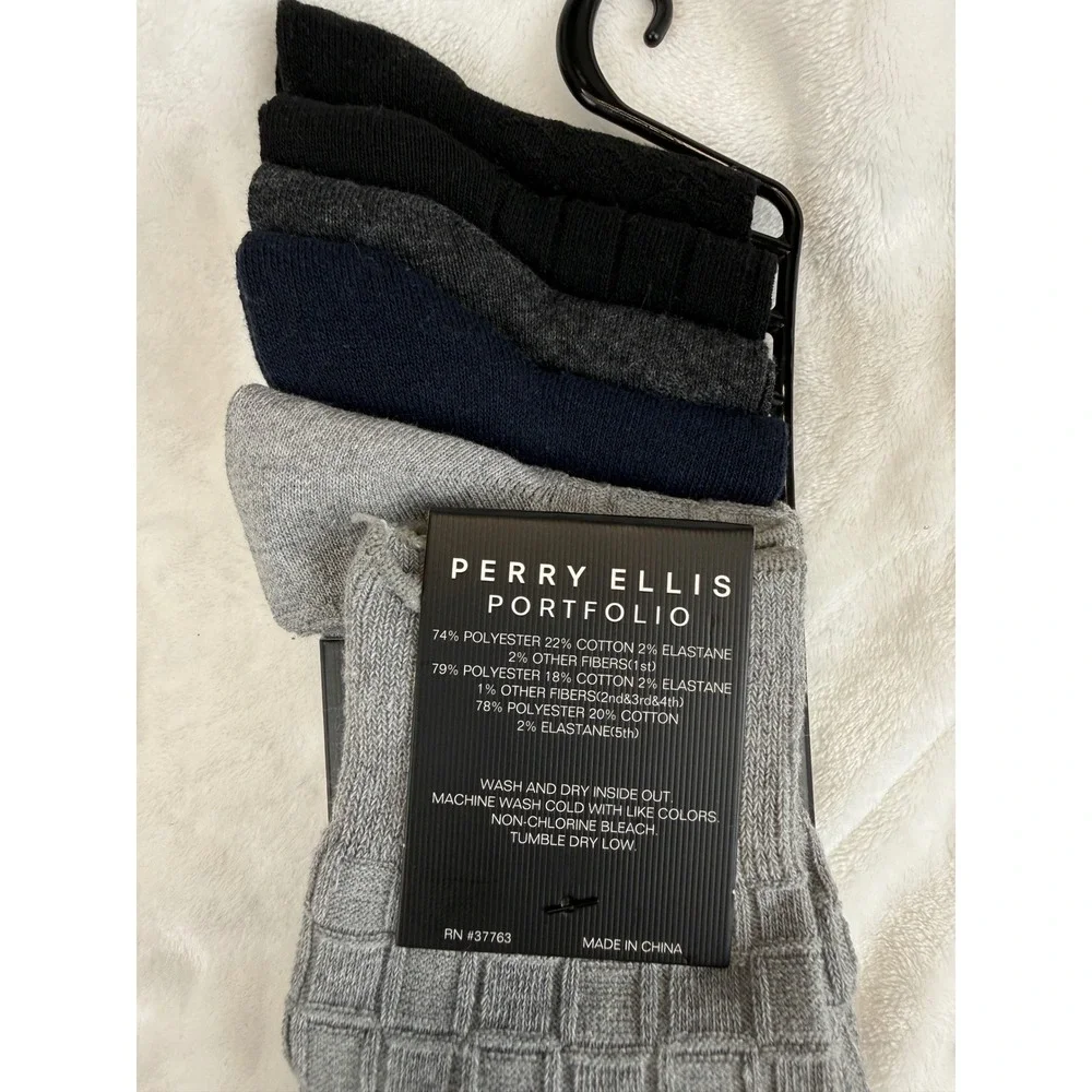Perry Ellis Portfolio Mens 5 Pack Dress Socks Black Grey Navy Blue New Sz 7-12